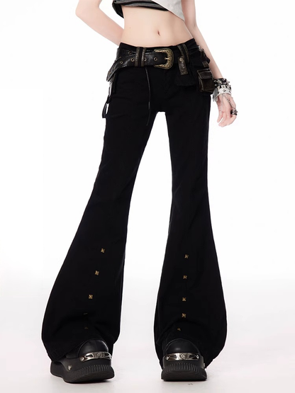 Buckle Waist Studded Cuffs Flared Pants with Black Low Belt