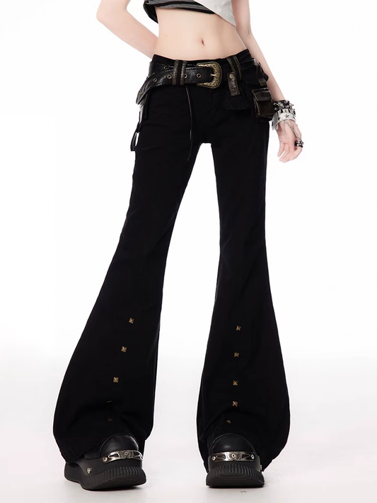 Buckle Waist Studded Cuffs Flared Pants with Black Low Belt