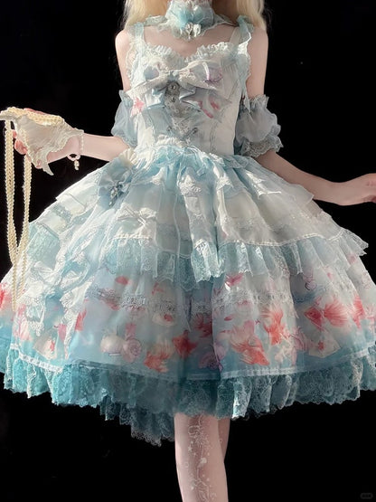 Robe salopette asymétrique imprimé poisson rouge - Mewroco