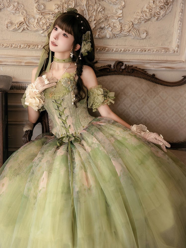 Green Oil Painting Lace-Up Corset Top - Nine Odes