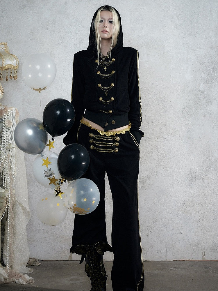 Black & Gold Double-Breasted Hooded Jacket with Chain Embroidery Details, Punk Fashion - NO ROMANCE