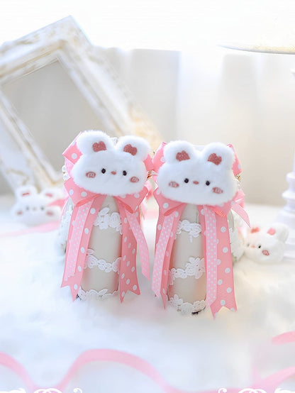 Pink Decorated Heels Bow Lolita Top Shoes 5CM Plush Block Bunny at Sweet