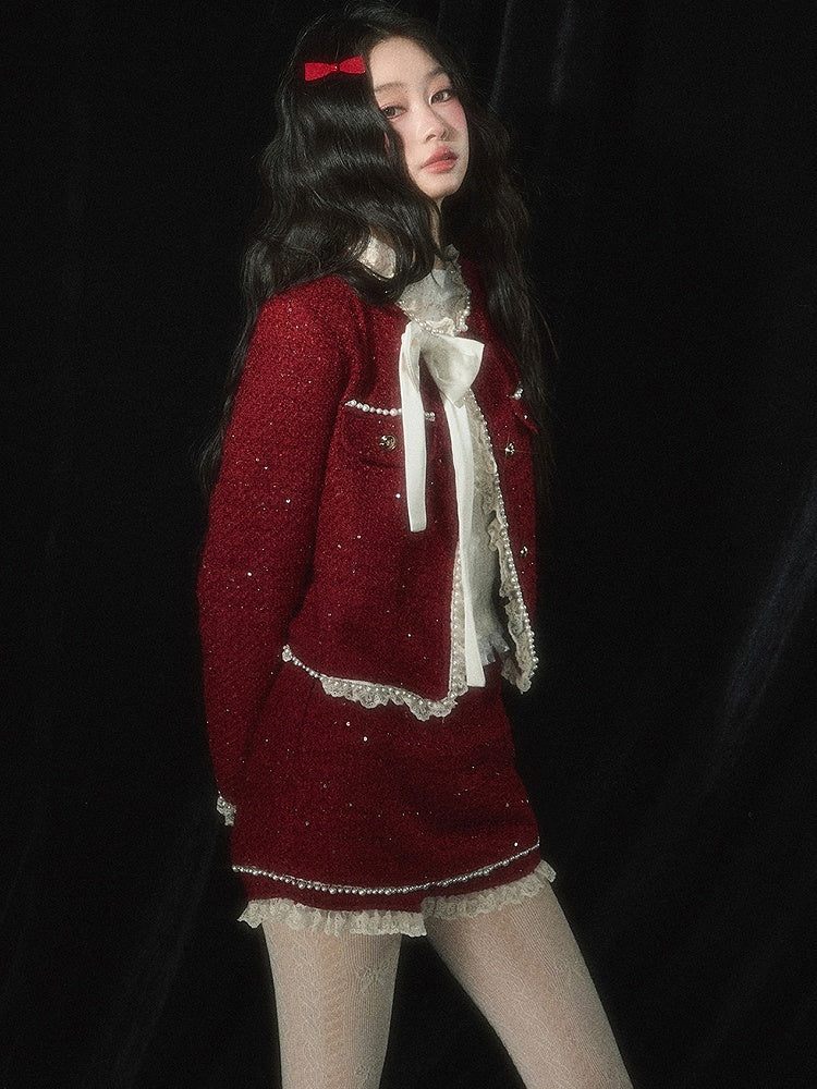 Weihnachtsrote Tweed-Kurzjacke mit Spitzenbesatz, Schleife und Perlendetails