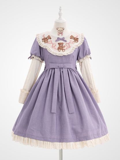 Sweet Lolita Lace Neckline Teddy Purple Sleeves Bear Embroidered Puff Trim Dresswith