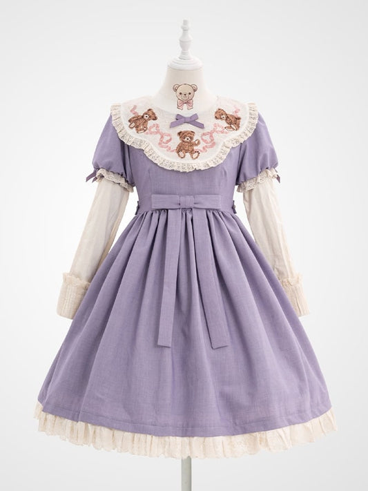 Sweet Lolita Lace Neckline Teddy Purple Sleeves Bear Embroidered Puff Trim Dresswith