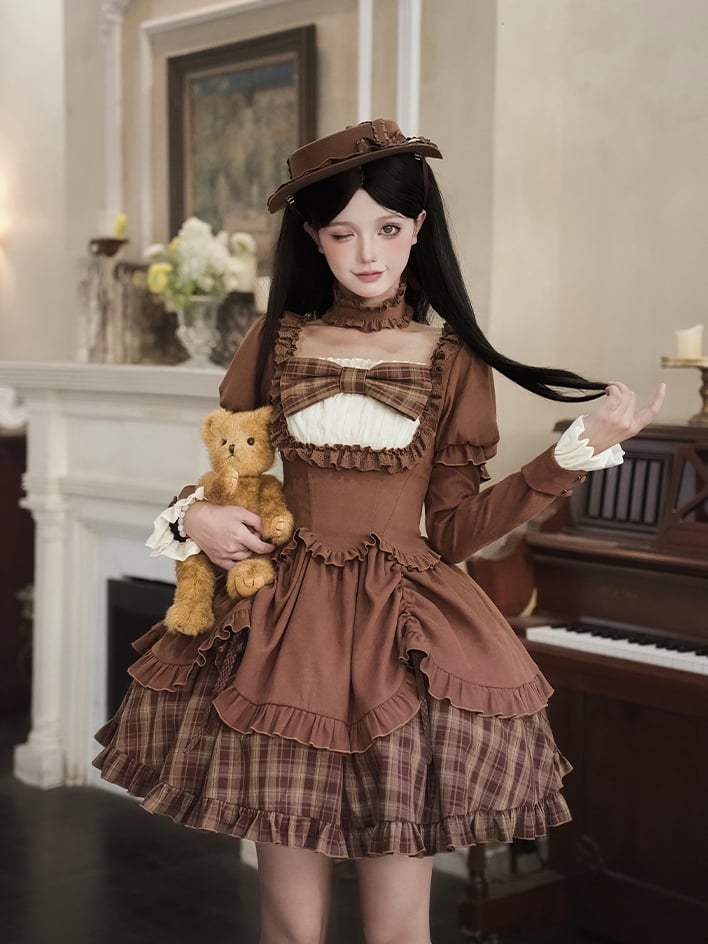 Herbsthut Schleifen + Lollita OP Elegantes Choker Set Version Kurz Kaffee Abnehmbar -