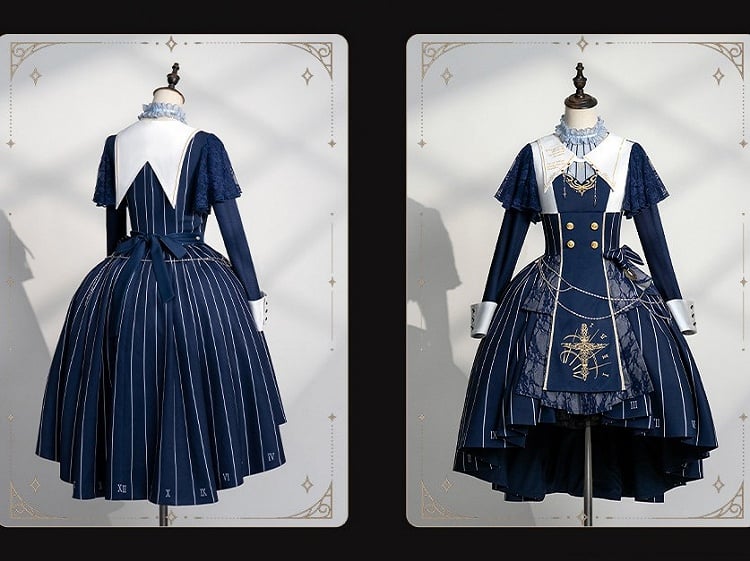 Embroidery+Waist Cross Lolita Watch Dress Full Collar Blue White Nun Chain+Pocket Chain+Detachable Striped Belt+Waist Set with Dark