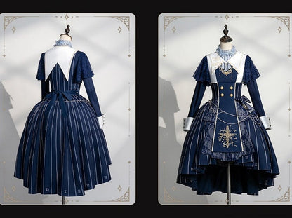 Embroidery+Waist Cross Lolita Watch Dress Full Collar Blue White Nun Chain+Pocket Chain+Detachable Striped Belt+Waist Set with Dark