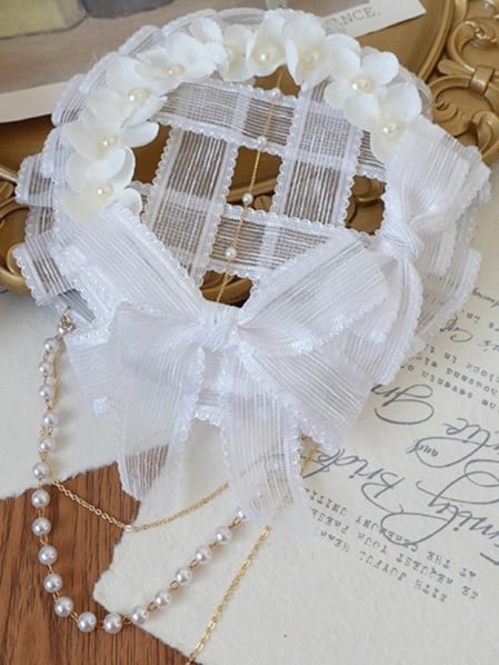 Mini Lolita Accents With Bead Beige/White Bow Hat Chain