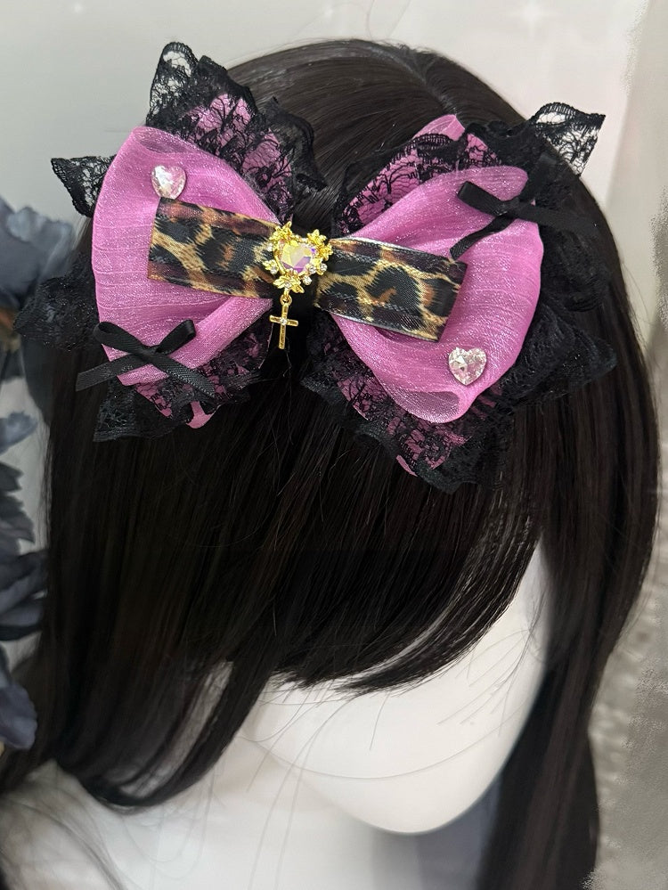 Leopard Trim Heart Decorated Rose Lace Hairclip Bowknot Red Pattern Rhinestone