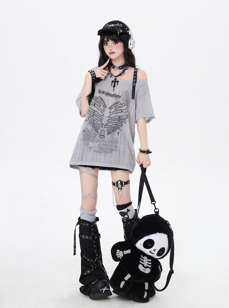 Y2K アシンメトリーネックライン スケルトン ハートプリント ブラック/グレー/ホワイト Tシャツ