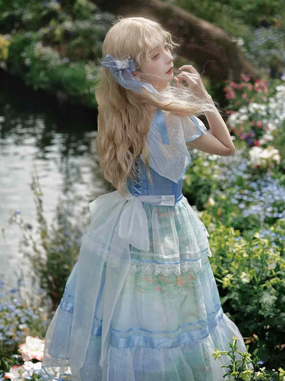 Sleeves One Oil Piece Water Lily Print Sky Square Neckline and Painting Blue Flutter