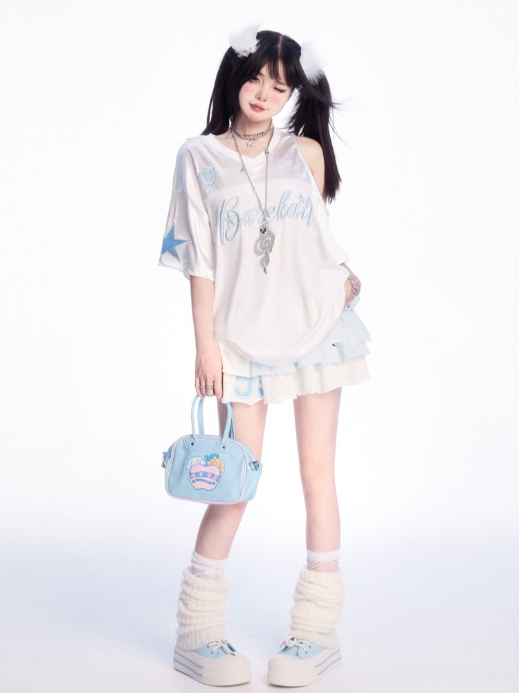 T-shirt Weiß V-ausschnitt Ausschnitt Schulter Brief Stickerei Lose