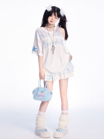 T-shirt Weiß V-ausschnitt Ausschnitt Schulter Brief Stickerei Lose