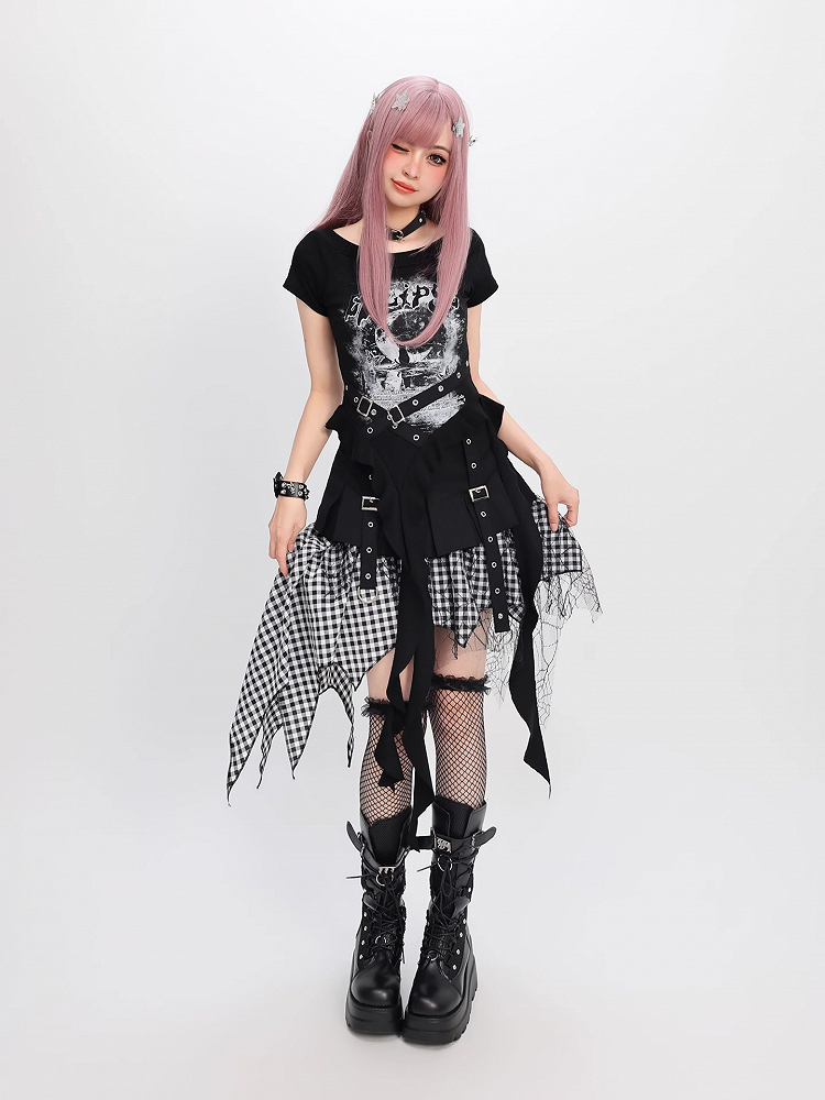 Y2K Blue/Black Criss-cross Design Cascading Ruffle Accents Moon T-shirt Print