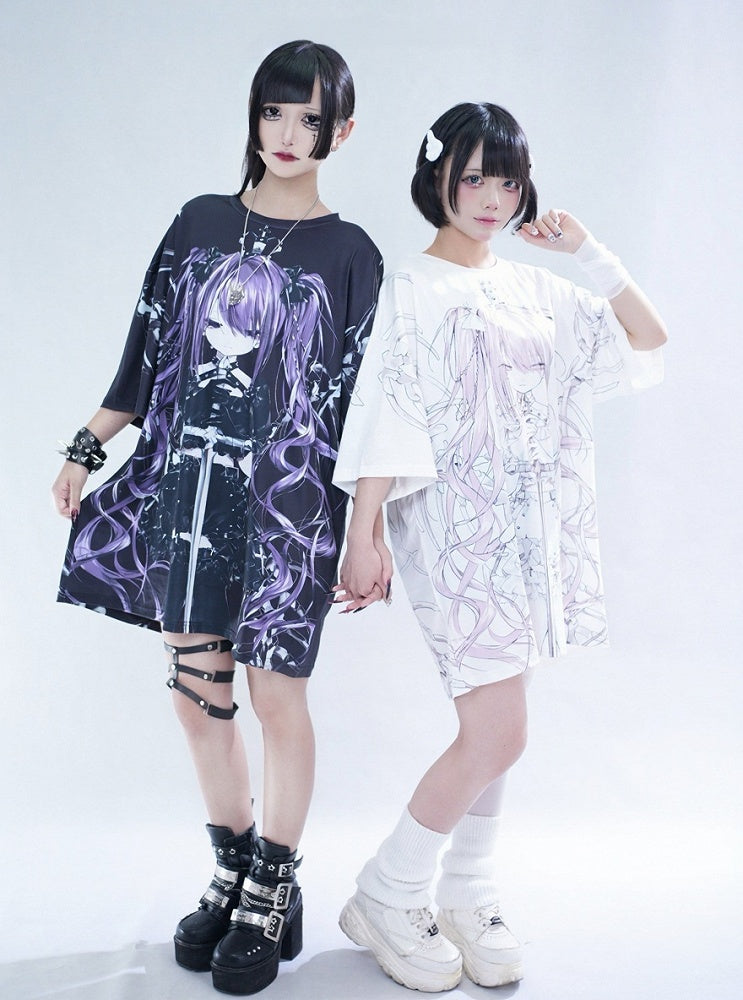 Oversized White Anime Girl Print T-Shirt - Tribuo Flos