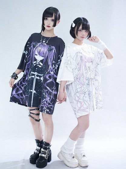 Oversized White Anime Girl Print T-Shirt - Tribuo Flos