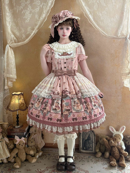 Puppy Coffee Shop Print Pink Sweet Lolita OP Dress with Dot Tulle Overlay - Stars Fall on the Foggy Island