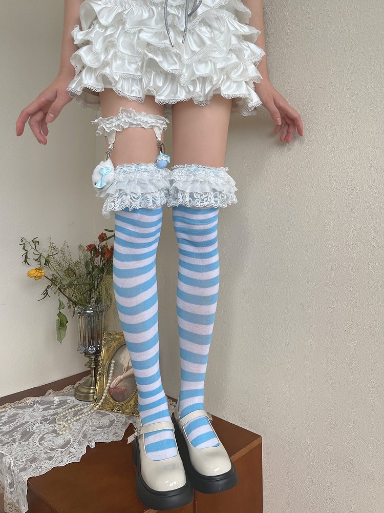and Stockings Striped Lace Blue Overknee White Trim
