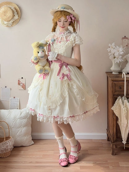 Short Lolita Dress Classic Light Version Bow with Elegant Yellow Lace and Details