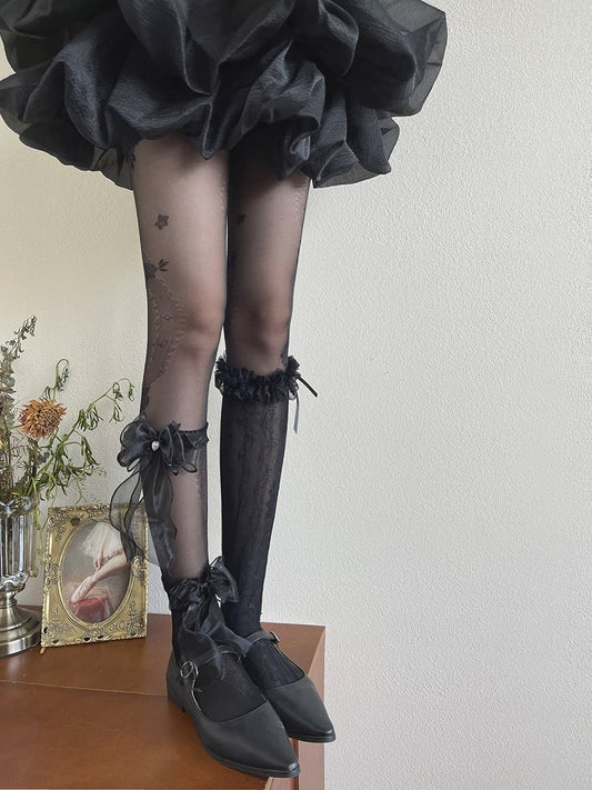 Black Floral Underknee Socks/Bowknot Trims Pattern Tights/Lace Leg Stockings/Tulle Loop
