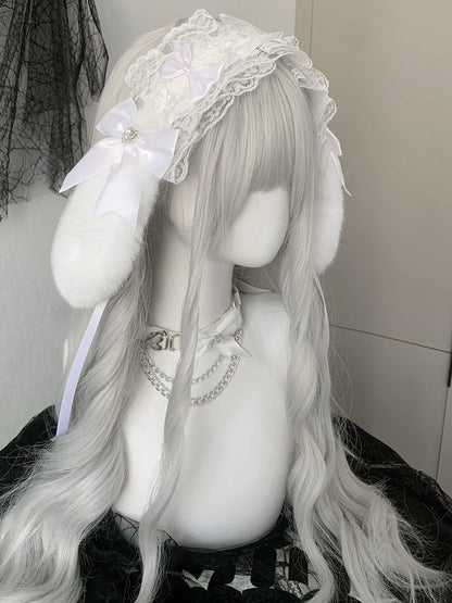 Details Rhinestone Ear Bunny Decorated Bowknot Hairband Plush Ruffled Heart Black/White