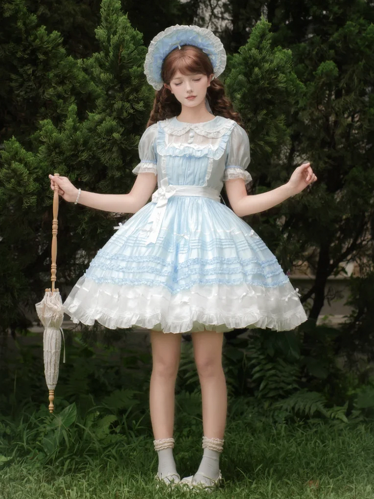 und Peter Collar Lolita Kurzes blaues Pan-Kleid mit weißen Ärmeln