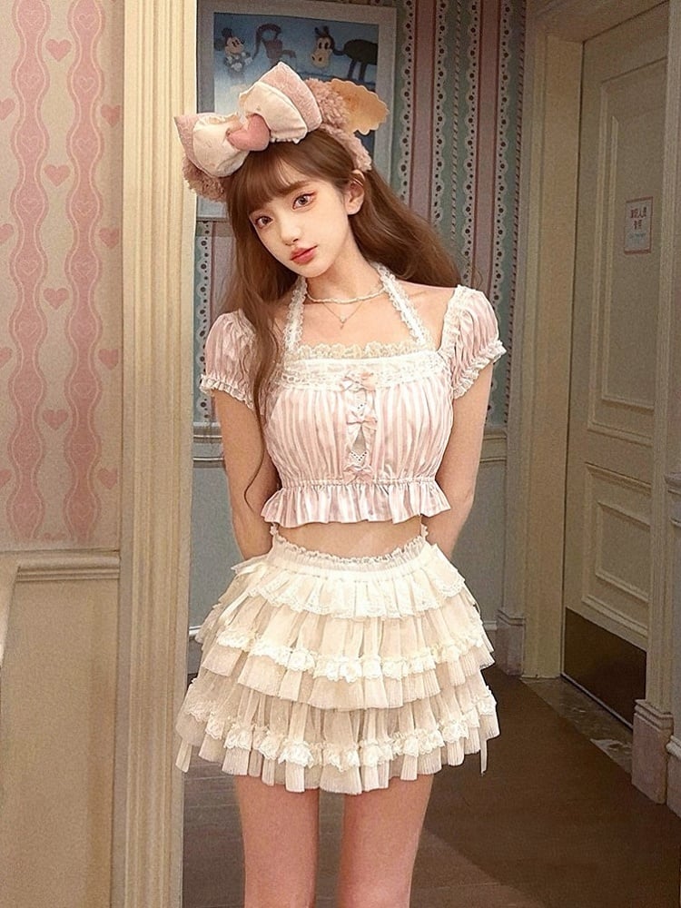 Rosa gestreifte Puffspitze mit Schleifenakzenten und Neckholder-Ärmeln