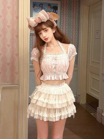 Rosa gestreifte Puffspitze mit Schleifenakzenten und Neckholder-Ärmeln