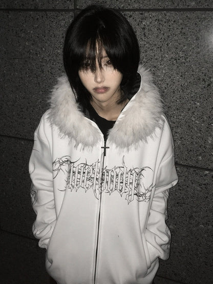 White Y2K Spring Hooded Jacket with Detachable Fur Collar and Black Floral - Alita26SS