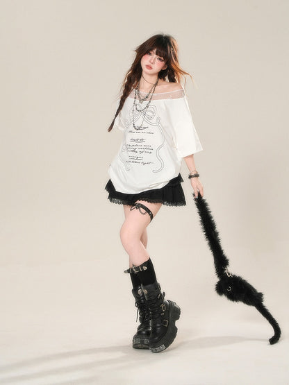 Bow Print Loose White Asymmetrical Neckline Lace T-Shirt Patches Neckline