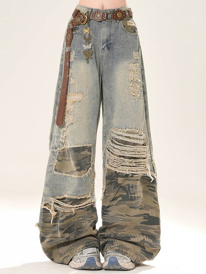 Distressed Blue Wide-leg Camo Bittersweet Holes Pattern Glamorous