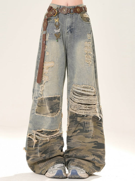Distressed Blue Wide-leg Camo Bittersweet Holes Pattern Glamorous