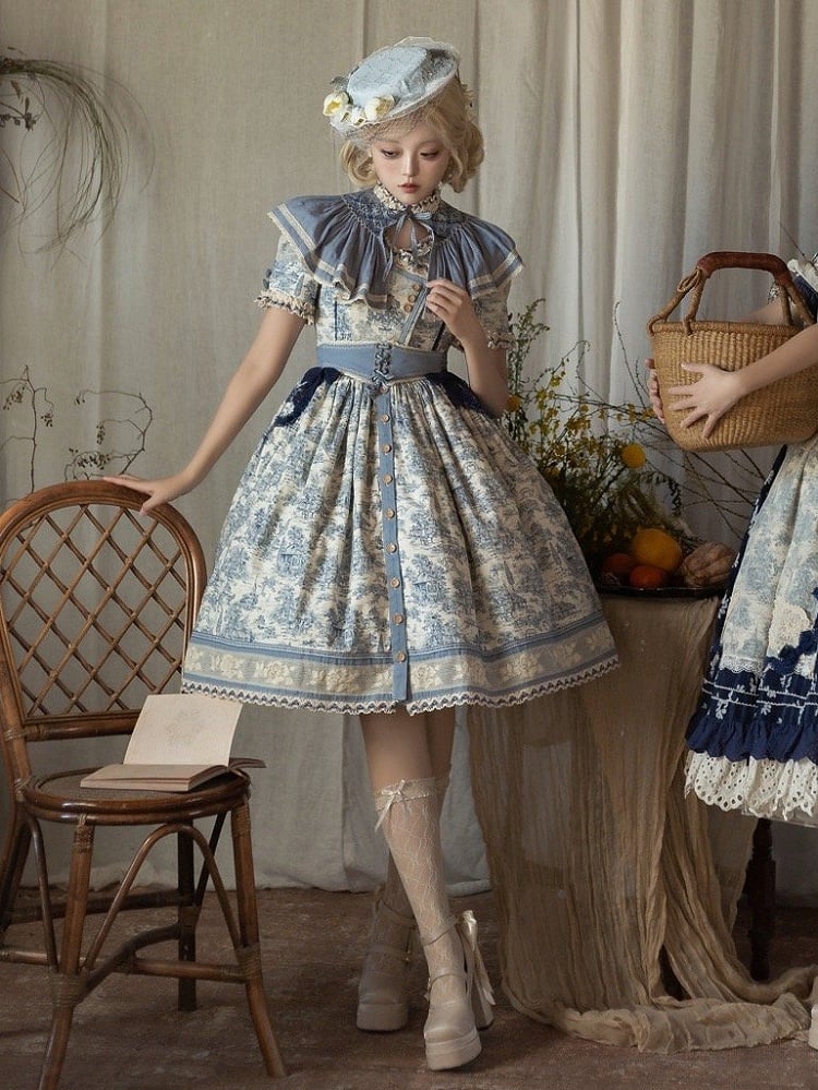 Blue Cabins in the Forest Front Button Placket Skirt Short Sleeves Lolita Dress