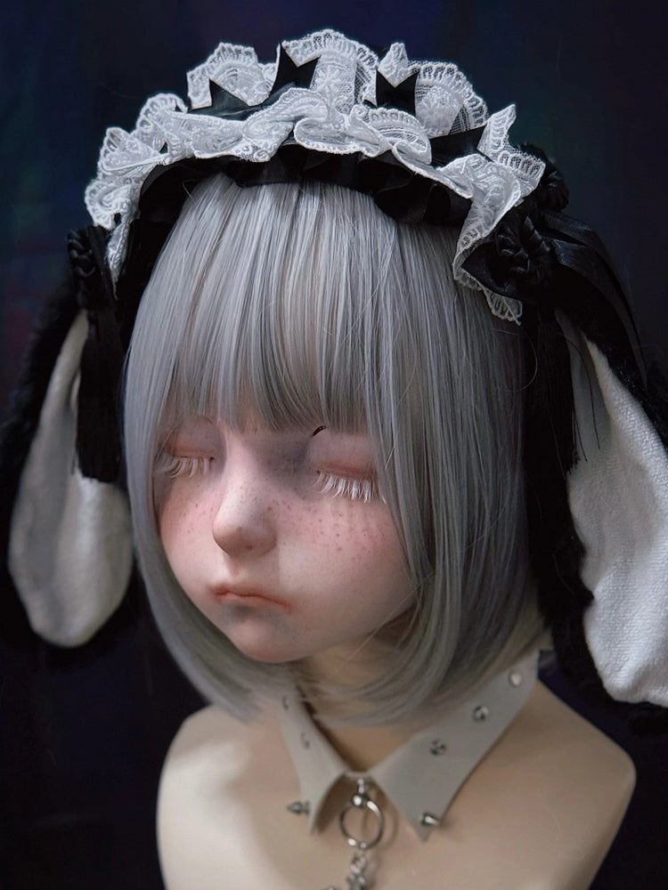 Droopy Black Alternative in Ear White Plush with KC Maid-style Lace Bunny Style
