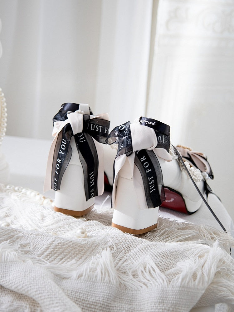 Schleife 8CM Top Lolita Perlen Schuhe Herz Heels verziert Block Design weiß bei