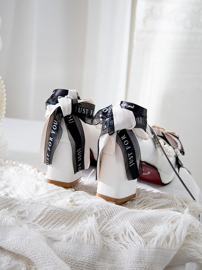 Schleife 8CM Top Lolita Perlen Schuhe Herz Heels verziert Block Design weiß bei