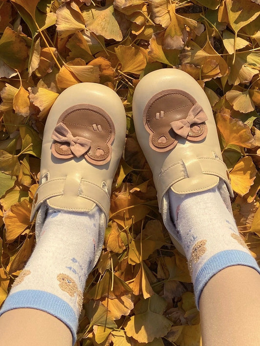 Flats Strap Bear Velcro Paw Closures Embroidery Bow Apricot - Sweet Accent Brown at Top