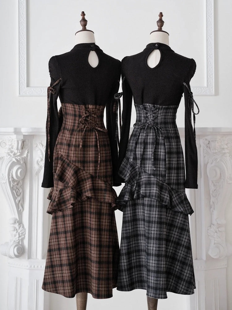 Black Jirai-Kei Faux Two-Piece Plaid Knit Long-Sleeve Dress, Ruffles & Hem Slit - No Genki
