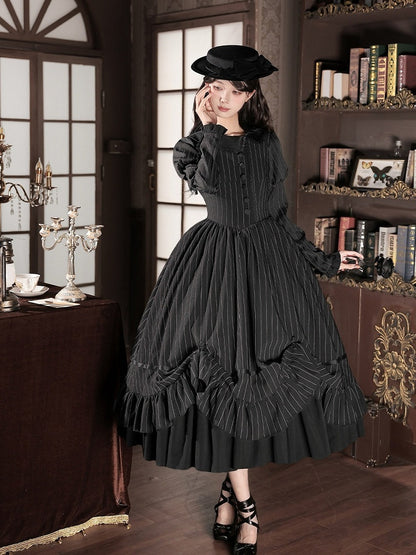 Black Striped Long Sleeve Lolita OP Dress Full Set with Mini Hat & 2-Way Bow Brooch - With PUJI