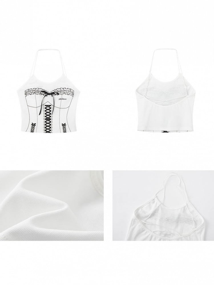 Front Black Cami Bow Top Punk Graffiti with Crop White Lace-Up Corset Print