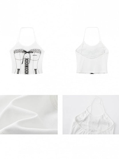 Front Black Cami Bow Top Punk Graffiti with Crop White Lace-Up Corset Print