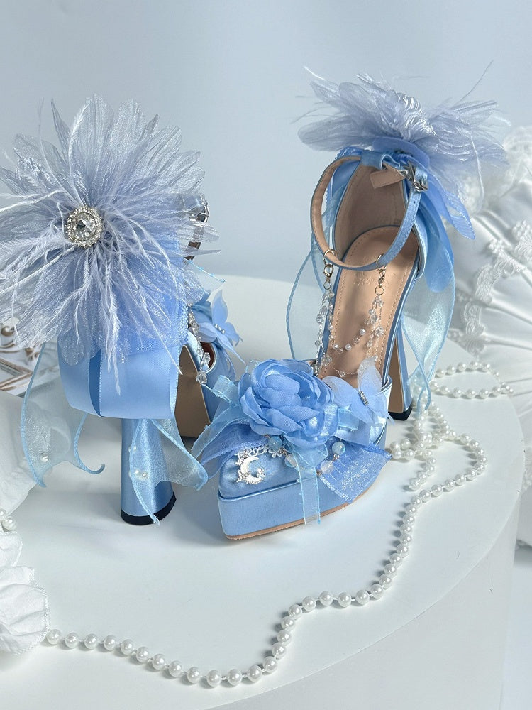 Light Blue Lolita Pumps with Floral Accents and Bead Chain - A Sky Rabbit