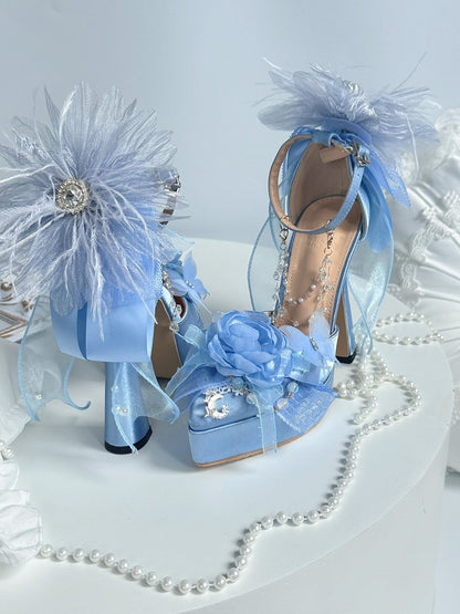 Light Blue Lolita Pumps with Floral Accents and Bead Chain - A Sky Rabbit