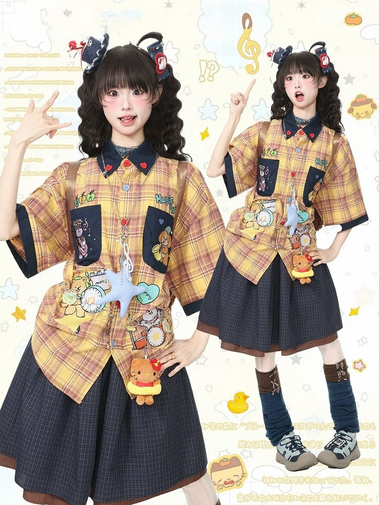 Yellow Plaid Short Sleeve Shirt with Puppy Embroidery - Languid Park