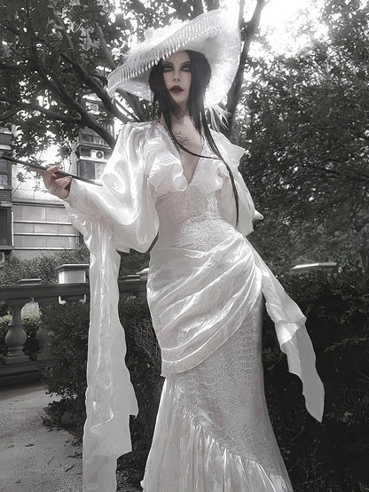 Long Ruffles Structured Lolita Shirt Sleeves V-neck White Gothic
