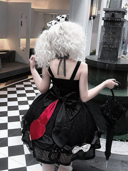 Black White Polka Dot Gothic Lolita Jumper Skirt with Bows Striped Hem - Tan Tuan