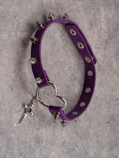 Purple Choker Cross Details Pendant Heart Studs Gothic