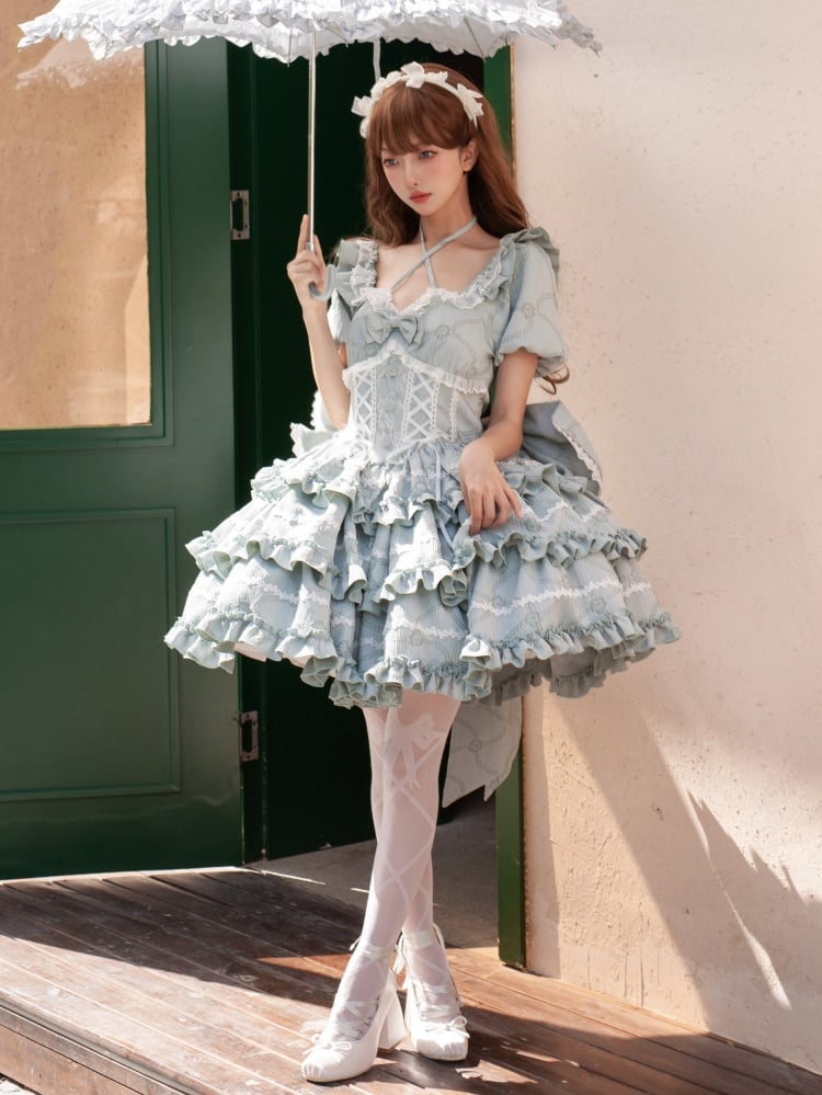 Princess Lolita Corset-Waist Dress with Ruffled Skirt in Green