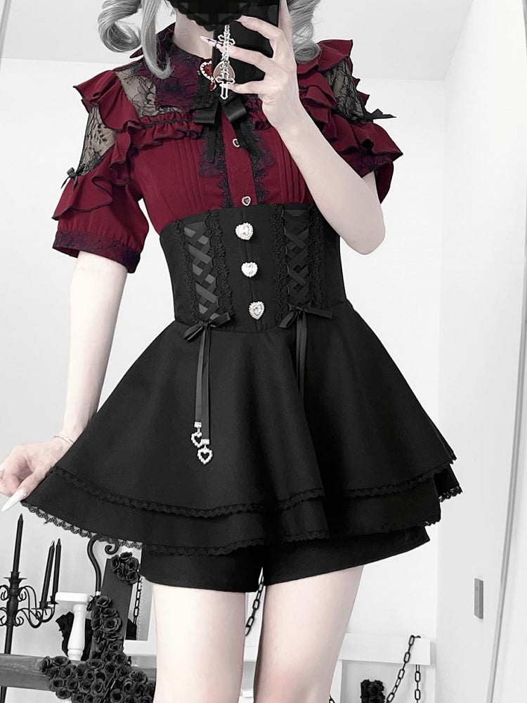 Jirai Kei Black Lace-up High Waist Skort with Heart Rhinestones